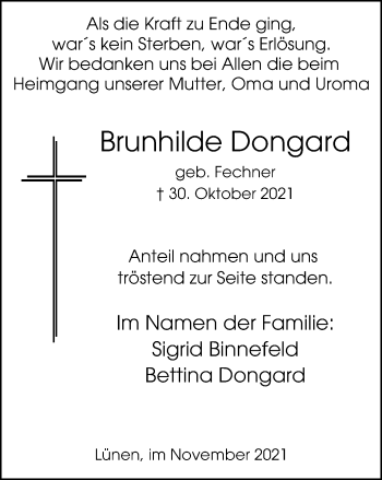 Traueranzeige von Brunhilde Dongard von WVW Anzeigenblätter