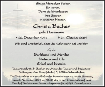 Traueranzeige von Christa Becher von WVW Anzeigenblätter