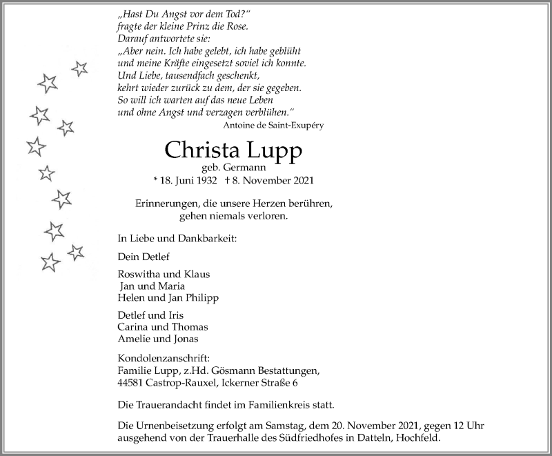 Traueranzeige für Christa Lupp vom 13.11.2021 aus WVW Anzeigenblätter