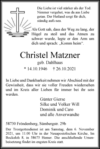 Traueranzeige von Christel Matzner von WVW Anzeigenblätter