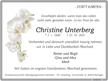 Traueranzeige von Christine Unterberg von WVW Anzeigenblätter
