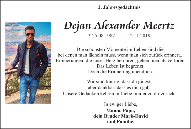  Traueranzeige für Dejan Alexander Meertz vom 13.11.2021 aus WVW Anzeigenblätter