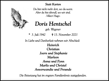 Traueranzeige von Doris Hentschel von WVW Anzeigenblätter