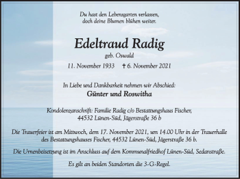 Traueranzeige von Edeltraud Radig von WVW Anzeigenblätter