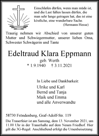 Traueranzeige von Edeltraud Klara Eppmann von WVW Anzeigenblätter