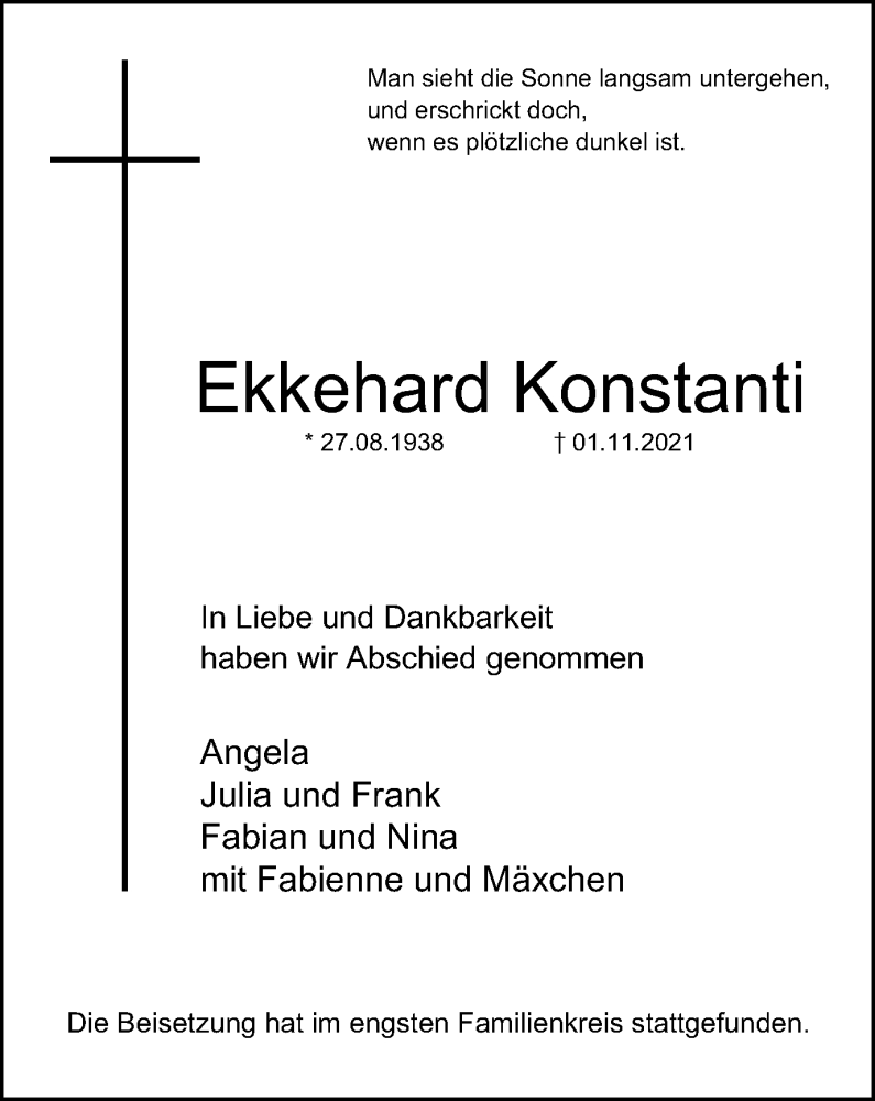  Traueranzeige für Ekkehard Konstanti vom 20.11.2021 aus WVW Anzeigenblätter