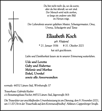 Traueranzeige von Elisabeth Koch von WVW Anzeigenblätter