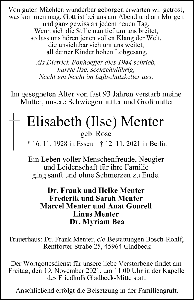  Traueranzeige für Elisabeth Menter vom 17.11.2021 aus WVW Anzeigenblätter