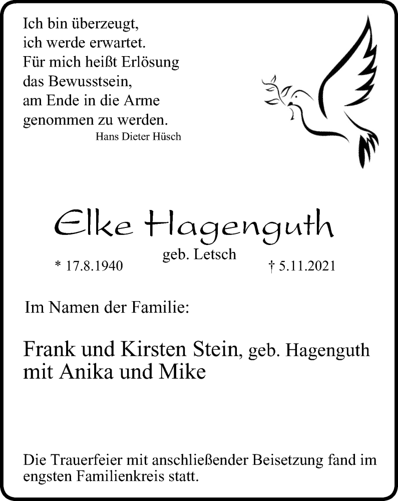  Traueranzeige für Elke Hagenguth vom 13.11.2021 aus WVW Anzeigenblätter