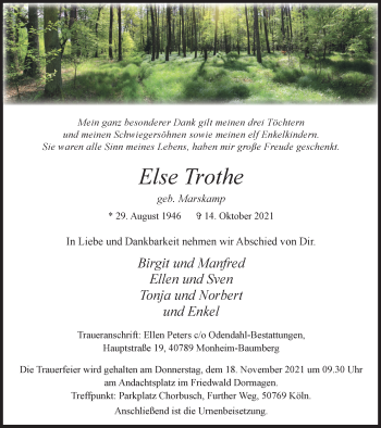 Traueranzeige von Else Trothe von WVW Anzeigenblätter