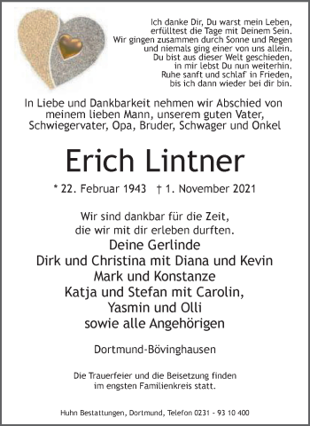 Traueranzeige von Erich Lintner von WVW Anzeigenblätter