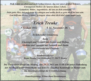 Traueranzeige von Erich Treuke von WVW Anzeigenblätter
