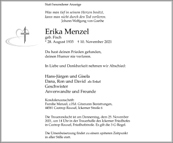 Traueranzeige von Erika Menzel von WVW Anzeigenblätter