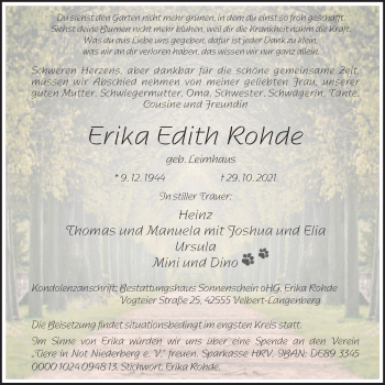 Traueranzeige von Erika Edith Rohde von WVW Anzeigenblätter
