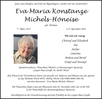 Traueranzeige von Eva Maria Konstanze Michels-Höneise von WVW Anzeigenblätter