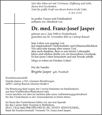 Traueranzeige von Franz-Josef Jasper von WVW Anzeigenblätter