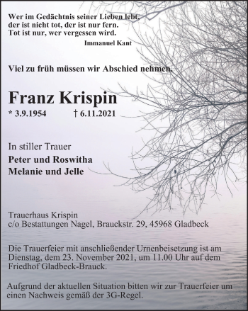 Traueranzeige von Franz Krispin von WVW Anzeigenblätter