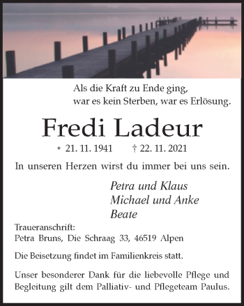 Traueranzeige von Fredi Ladeur von WVW Anzeigenblätter