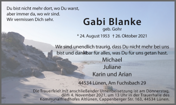 Traueranzeige von Gabi Blanke von WVW Anzeigenblätter