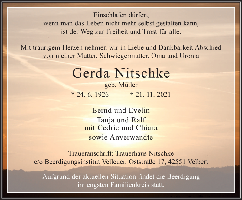  Traueranzeige für Gerda Nitschke vom 27.11.2021 aus WVW Anzeigenblätter