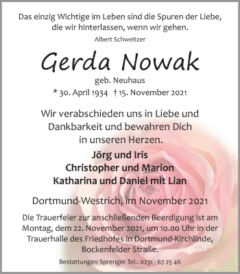 Traueranzeige von Gerda Nowak von WVW Anzeigenblätter