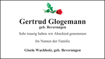 Traueranzeige von Gertrud Glogemann von WVW Anzeigenblätter