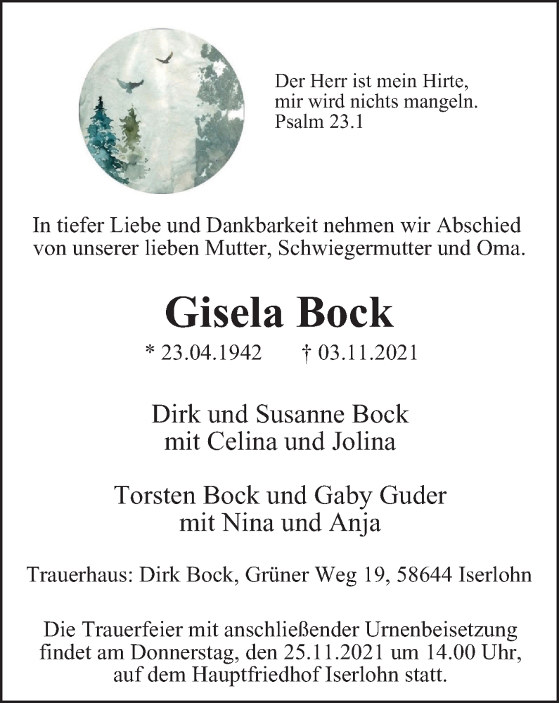  Traueranzeige für Gisela Bock vom 13.11.2021 aus WVW Anzeigenblätter