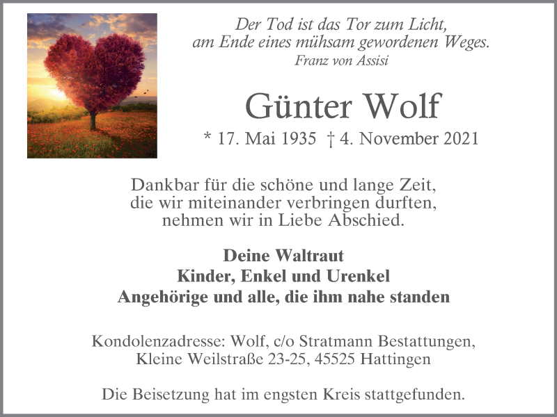  Traueranzeige für Günter Wolf vom 13.11.2021 aus WVW Anzeigenblätter