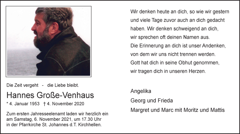  Traueranzeige für Hannes Große-Venhaus vom 03.11.2021 aus WVW Anzeigenblätter