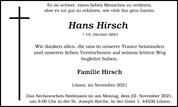 Traueranzeige von Hans Hirsch von WVW Anzeigenblätter