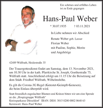 Traueranzeige von Hans-Paul Weber von WVW Anzeigenblätter