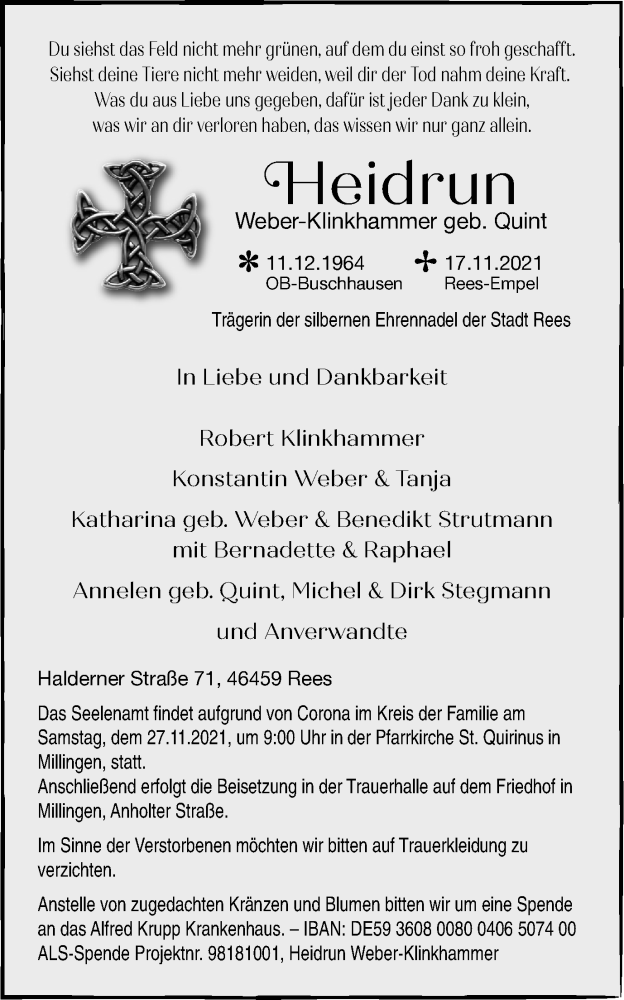  Traueranzeige für Heidrun Weber-Klinkhammer vom 24.11.2021 aus WVW Anzeigenblätter