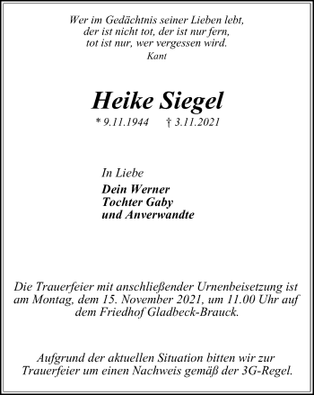 Traueranzeige von Heike Siegel von WVW Anzeigenblätter