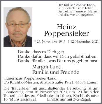 Traueranzeige von Heinz Poppensieker von WVW Anzeigenblätter