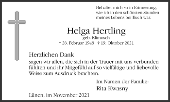 Traueranzeige von Helga Hertling von WVW Anzeigenblätter