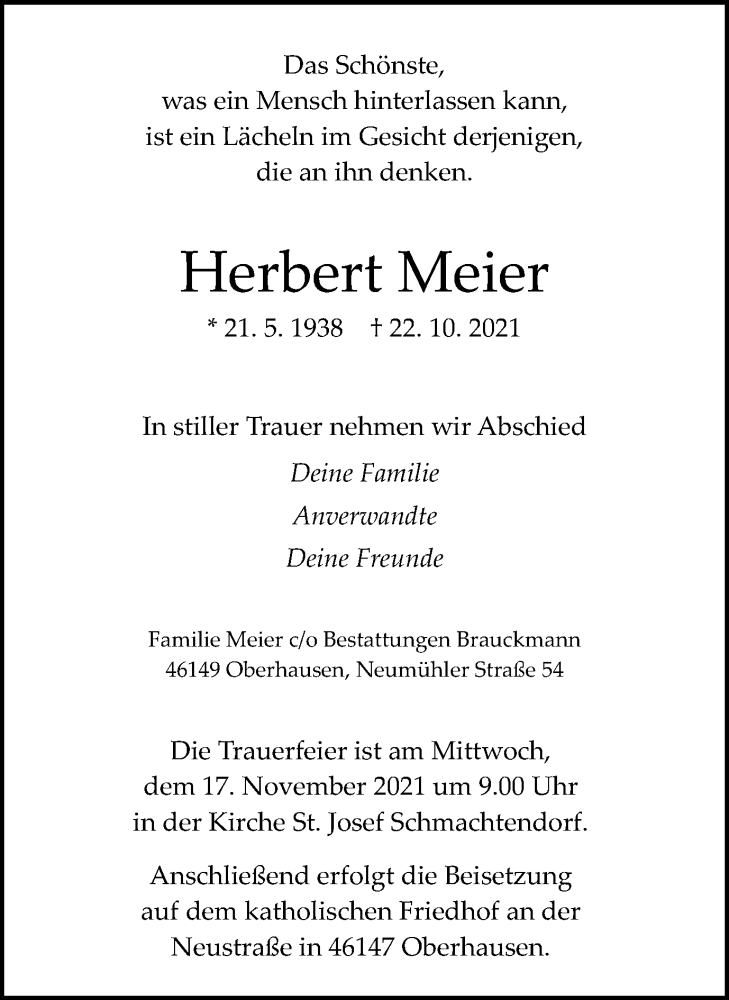  Traueranzeige für Herbert Meier vom 13.11.2021 aus WVW Anzeigenblätter