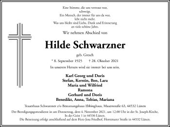 Traueranzeige von Hilde Schwarzner von WVW Anzeigenblätter