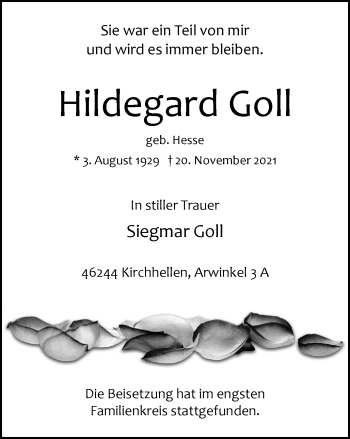 Traueranzeige von Hildegard Goll von WVW Anzeigenblätter
