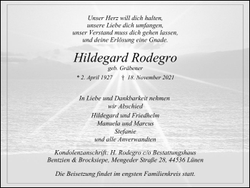 Traueranzeige von Hildegard Rodegro von WVW Anzeigenblätter