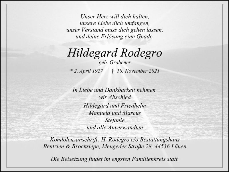  Traueranzeige für Hildegard Rodegro vom 27.11.2021 aus WVW Anzeigenblätter