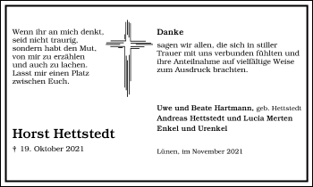 Traueranzeige von Horst Hettstedt von WVW Anzeigenblätter