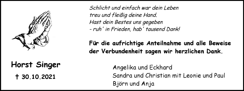  Traueranzeige für Horst Singer vom 27.11.2021 aus WVW Anzeigenblätter