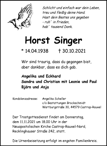 Traueranzeige von Horst Singer von WVW Anzeigenblätter