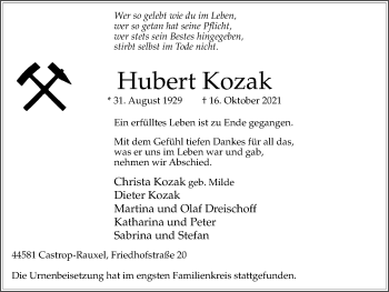 Traueranzeige von Hubert Kozak von WVW Anzeigenblätter
