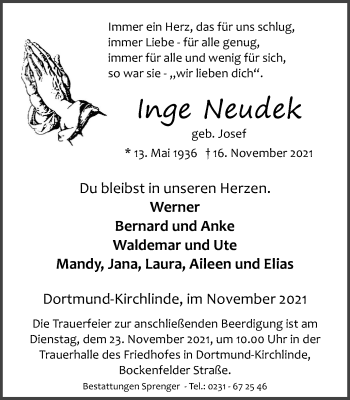 Traueranzeige von Inge Neudek von WVW Anzeigenblätter