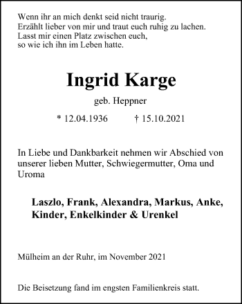 Traueranzeige von Ingrid Karge von WVW Anzeigenblätter