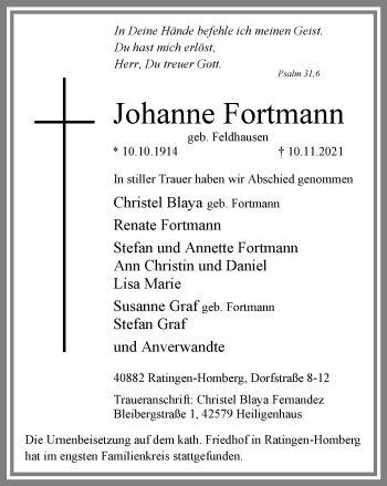 Traueranzeige von Johanne Fortmann von WVW Anzeigenblätter