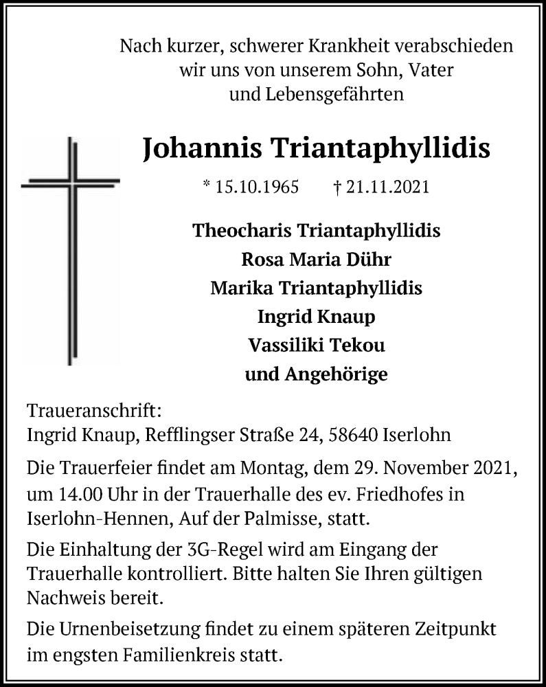  Traueranzeige für Johannis Triantaphyllidis vom 27.11.2021 aus WVW Anzeigenblätter