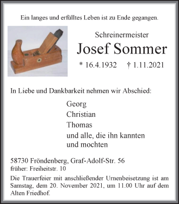 Traueranzeige von Josef Sommer von WVW Anzeigenblätter