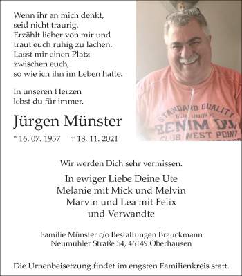 Traueranzeige von Jürgen Münster von WVW Anzeigenblätter